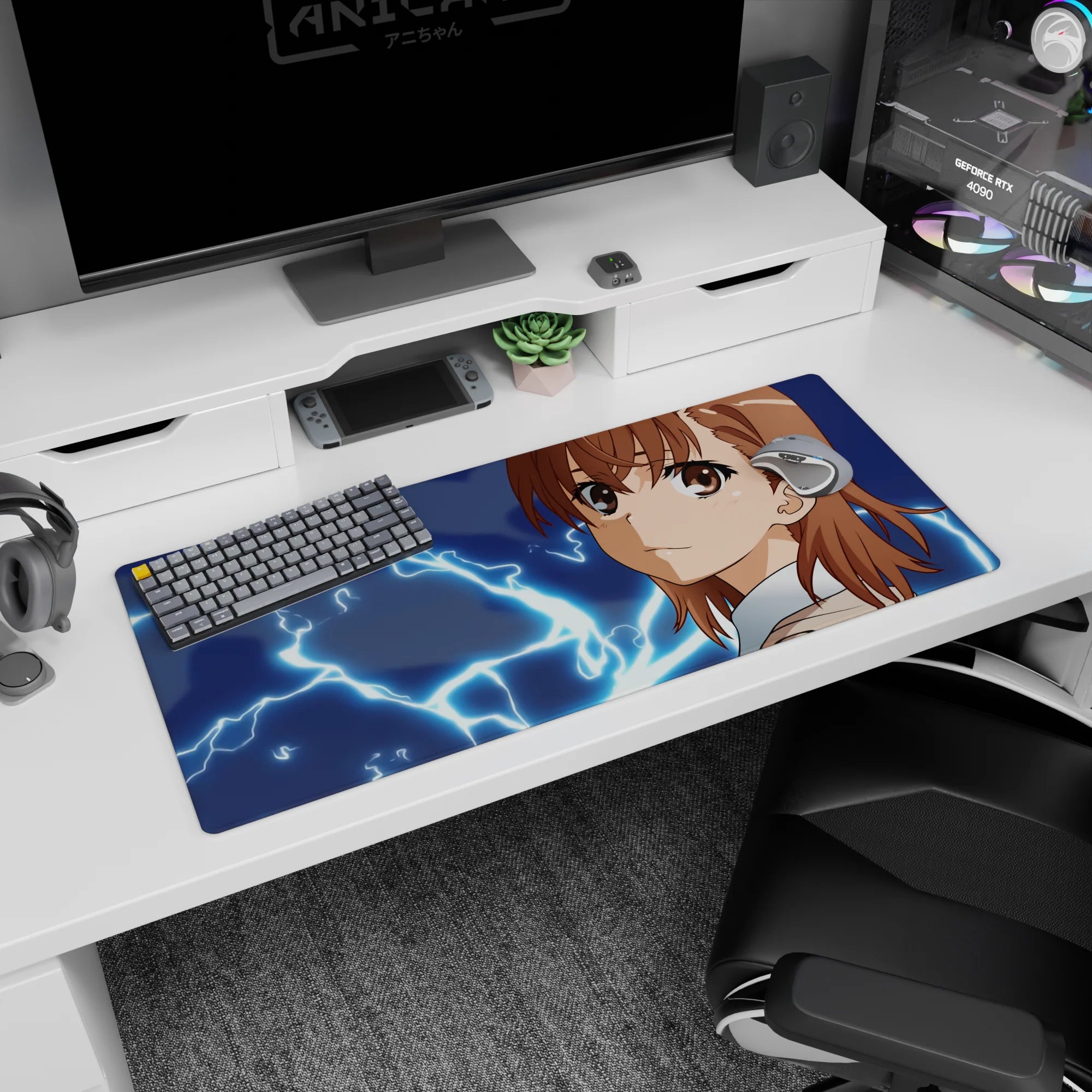 Mikoto Misaka from A Certain Scientific Railgun on desk pad 36x16 inches, calm smirk before sparks fly.