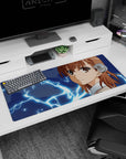 Mikoto Misaka from A Certain Scientific Railgun on desk pad 36x16 inches, calm smirk before sparks fly.