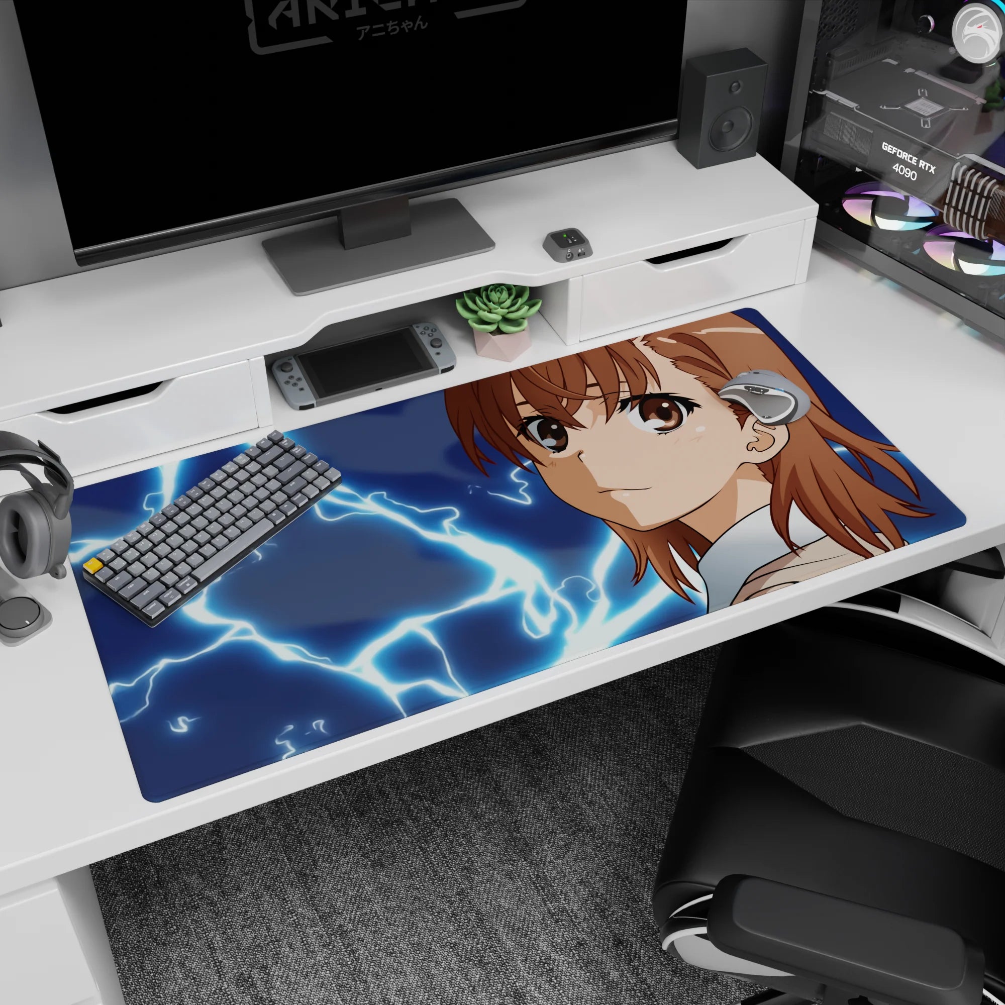 Mikoto Misaka smirking with crackling blue electricity on a 40x20 inches anime desk pad from Railgun.