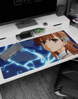 Mikoto Misaka smirking with crackling blue electricity on a 40x20 inches anime desk pad from Railgun.