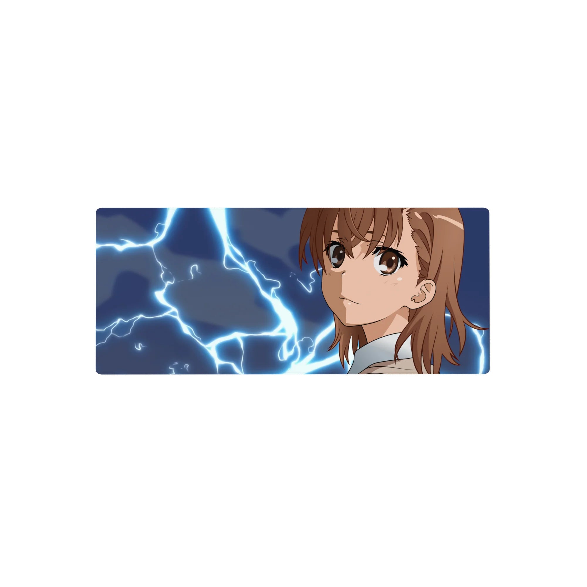 Anime girl mouse pad 28x12 inches with neon lightning, Mikoto Misaka smirk, smooth desk mat.