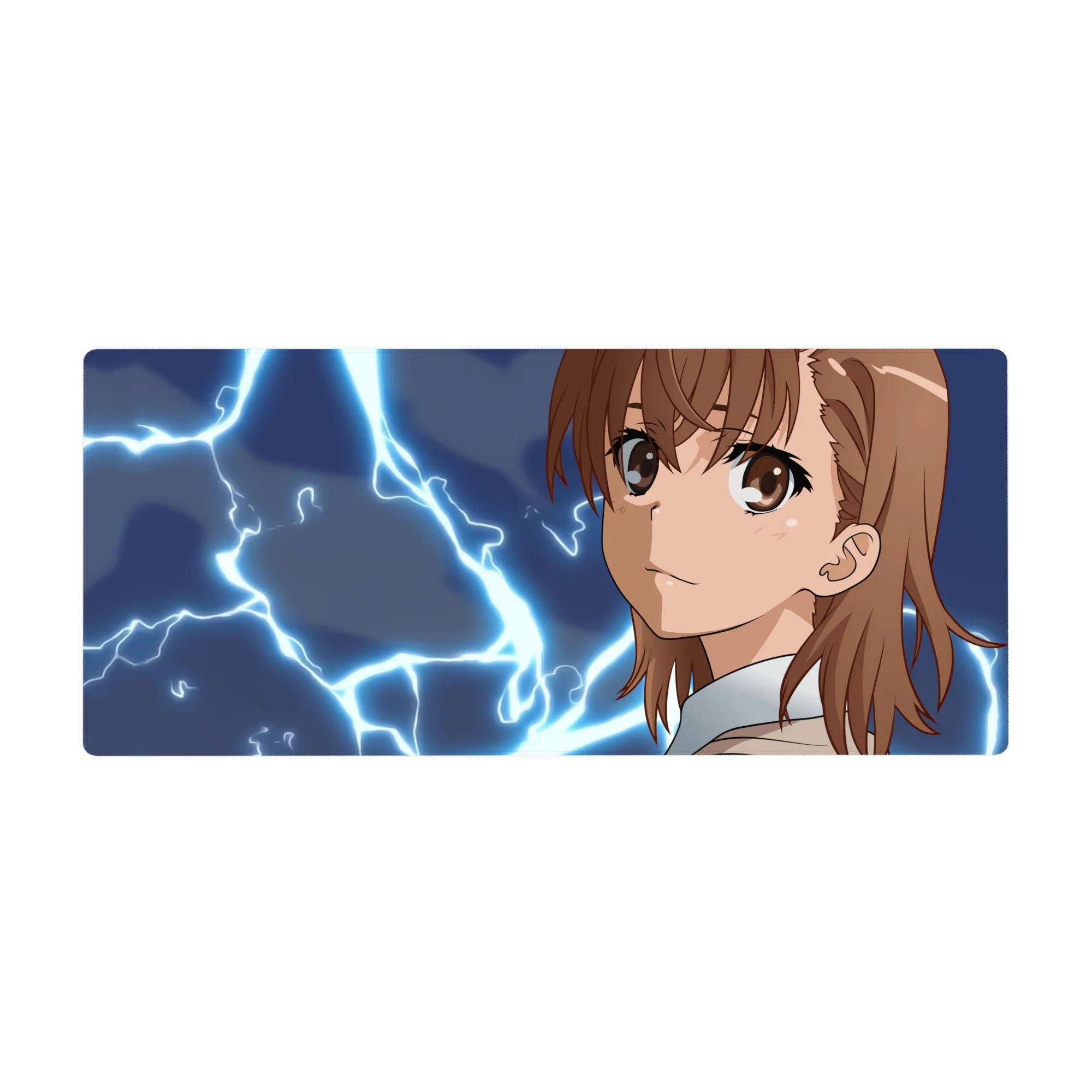 Anime girl desk pad 36x16 inches with Mikoto Misaka smirk and neon lightning, smooth mouse tracking.