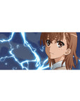 Anime girl desk pad 36x16 inches with Mikoto Misaka smirk and neon lightning, smooth mouse tracking.