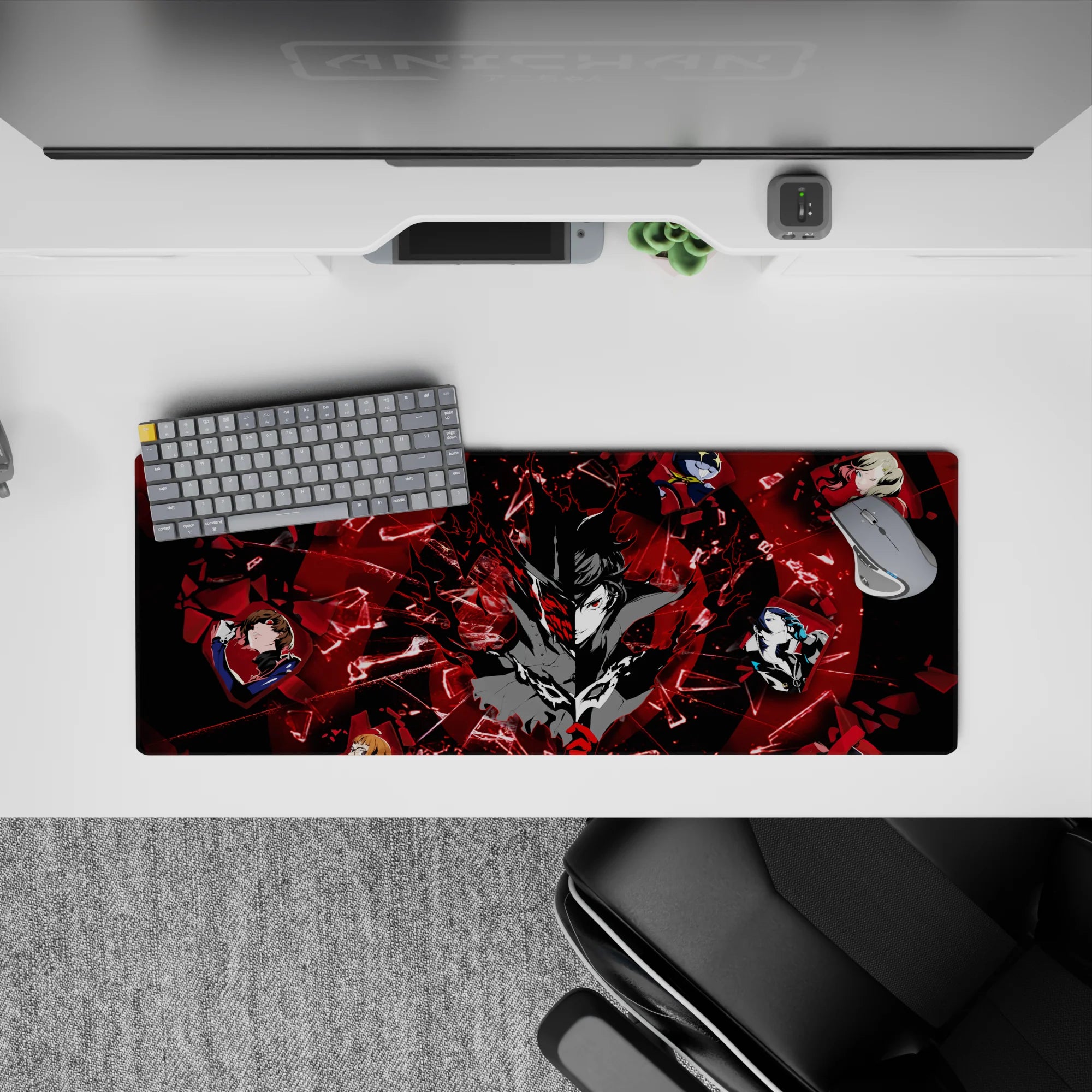 Anime mouse pad 32x12 inches featuring Joker and Phantom Thieves from Persona 5, with shattered glass and bold reds.