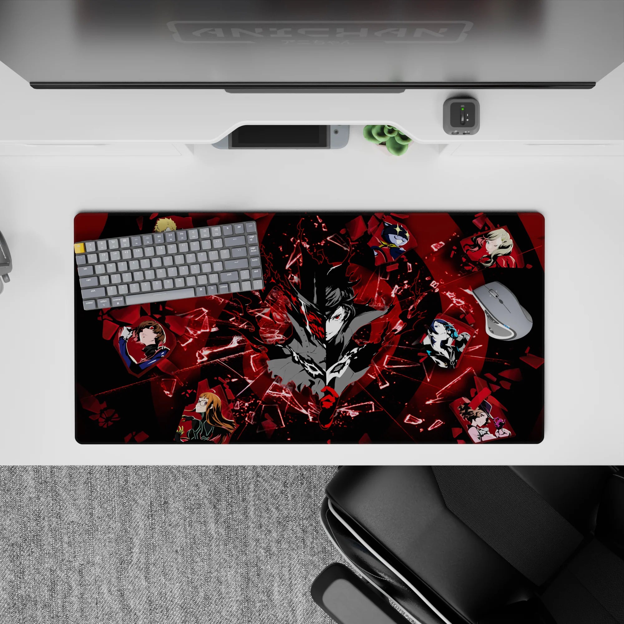 Mouse pad 32x16 inches featuring Persona 5&#39;s Joker and the Phantom Thieves, including Noir, Skull, and Oracle, in dynamic design.