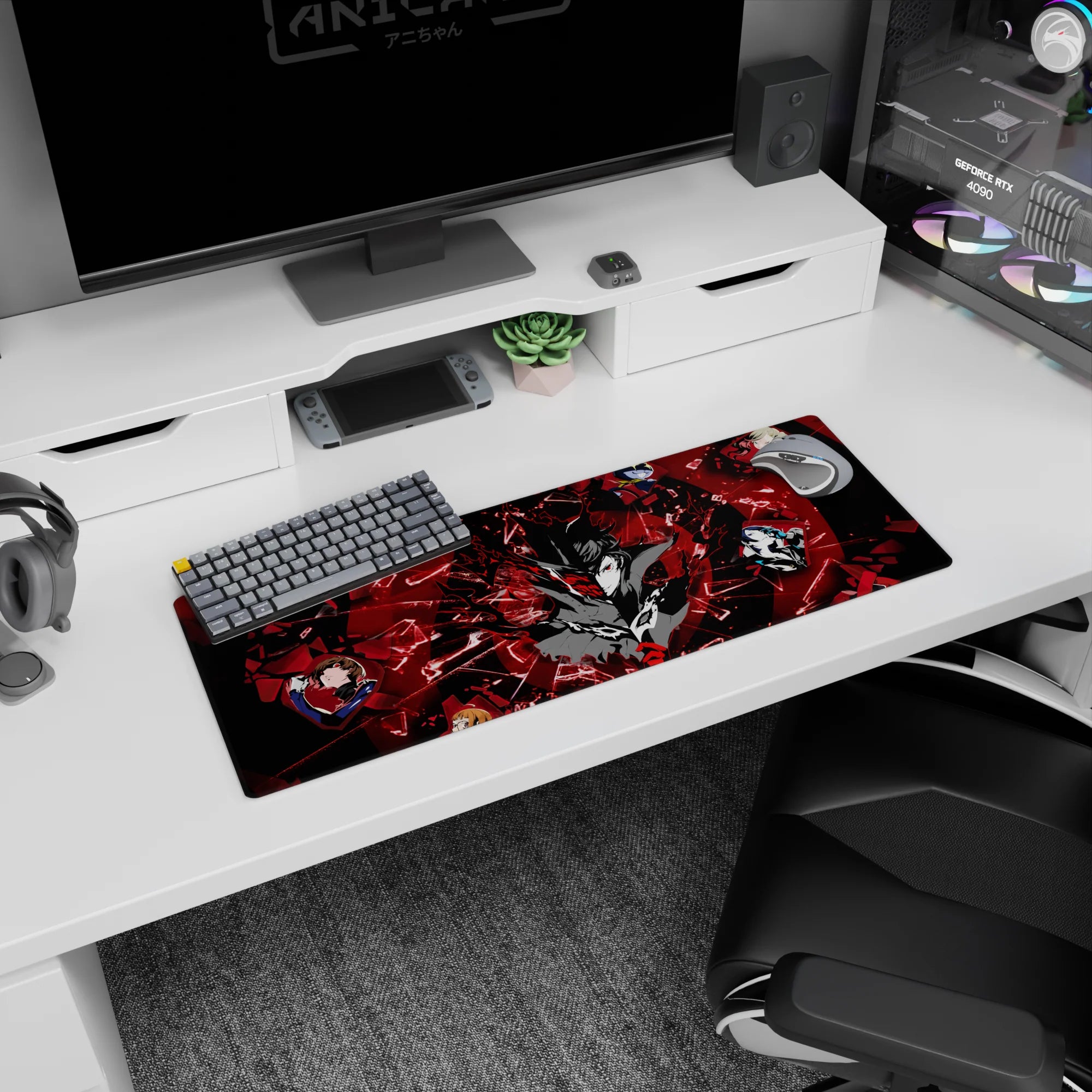 Anime mouse pad 32x12 inches featuring Joker and the Phantom Thieves from Persona 5, in a dynamic shattered glass design.