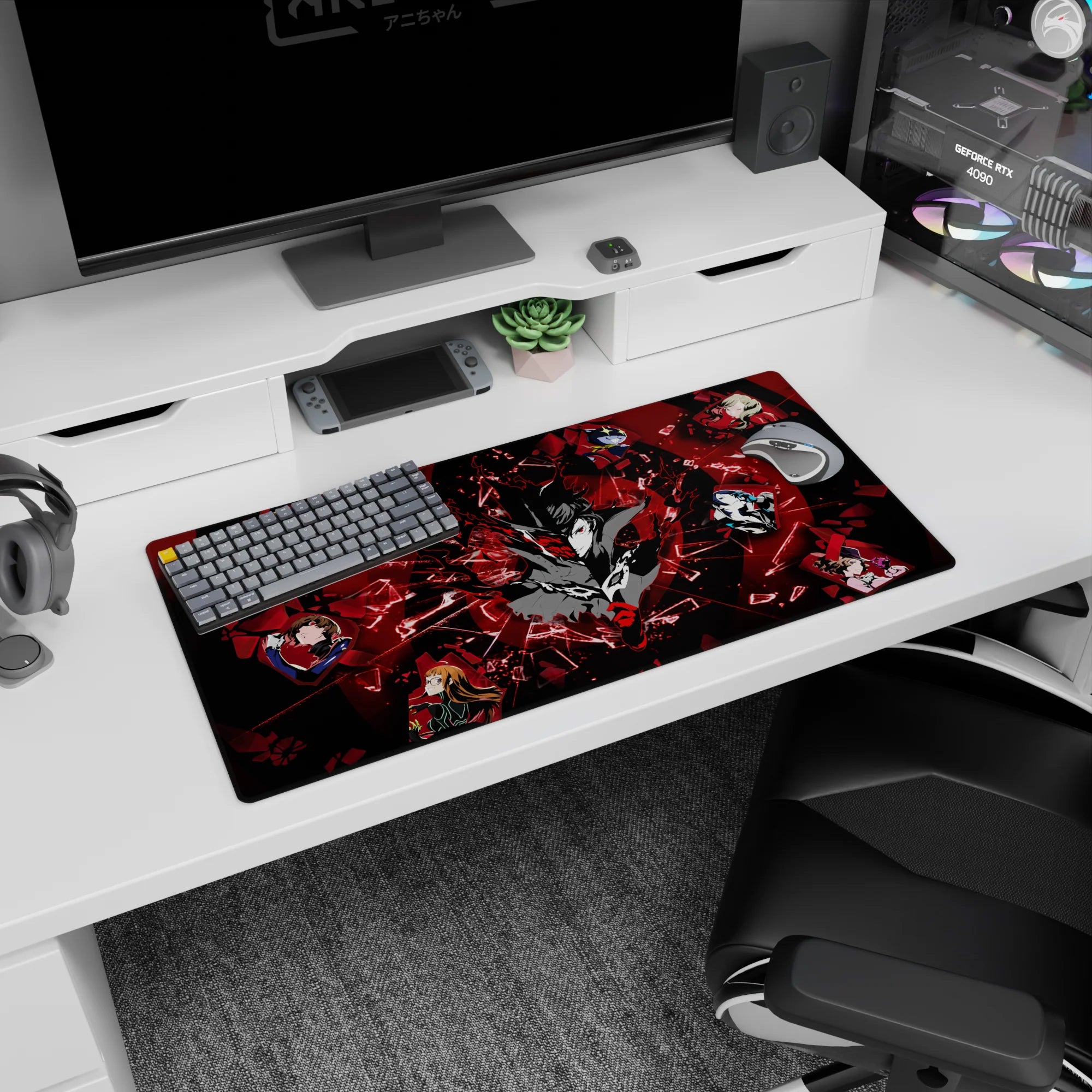 Anime mouse pad 32x16 inches featuring Joker and the Phantom Thieves from Persona 5, captured in a dynamic, shattered glass design.