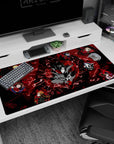 Anime desk pad 40x20 inches featuring Joker and the Phantom Thieves from Persona 5 amidst shattered glass and bold reds.