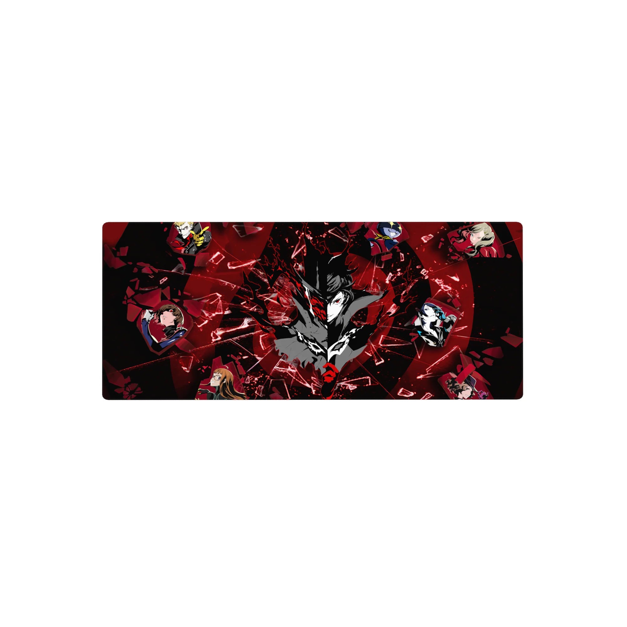 Anime mouse pad 28x12 inches featuring Joker and Phantom Thieves from Persona 5, with shattered glass and bold red accents.