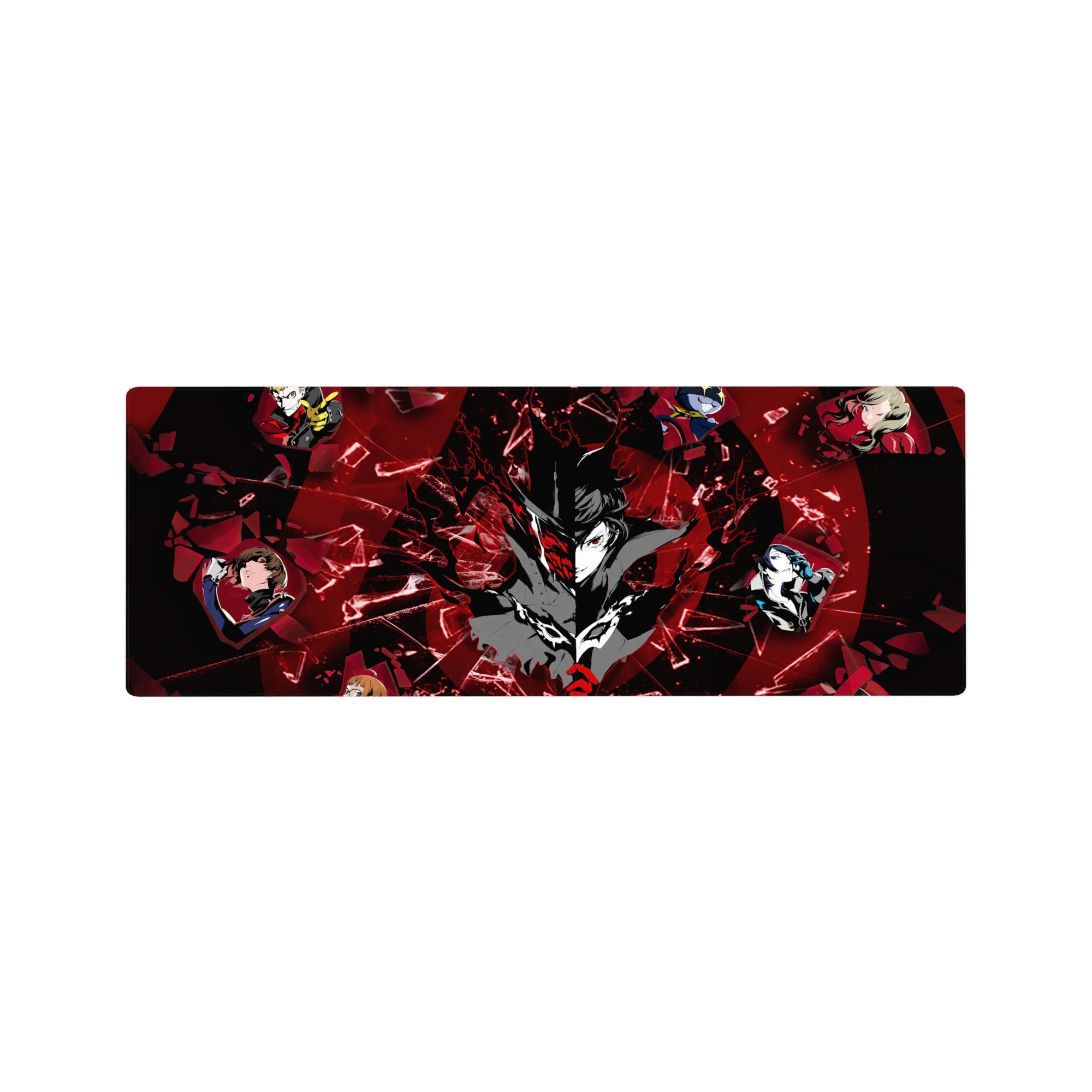 Anime mouse pad 32x12 inches featuring Joker and Phantom Thieves from Persona 5, with shattered glass and bold red colors.