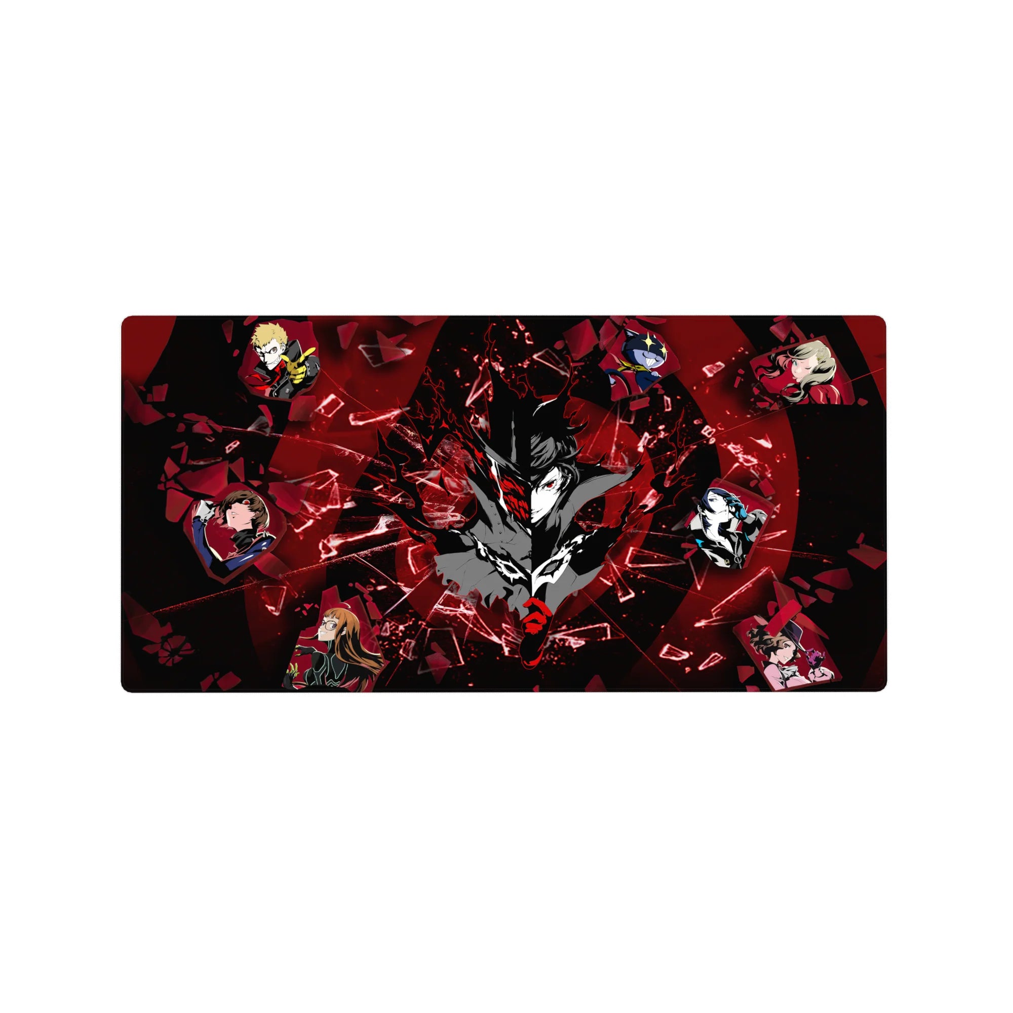 Anime mouse pad 32x16 inches featuring Joker and the Phantom Thieves from Persona 5, with dynamic shattered glass design.