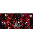 Anime mouse pad 36x16 inches featuring Joker and Phantom Thieves from Persona 5, with bold reds and shattered glass design.