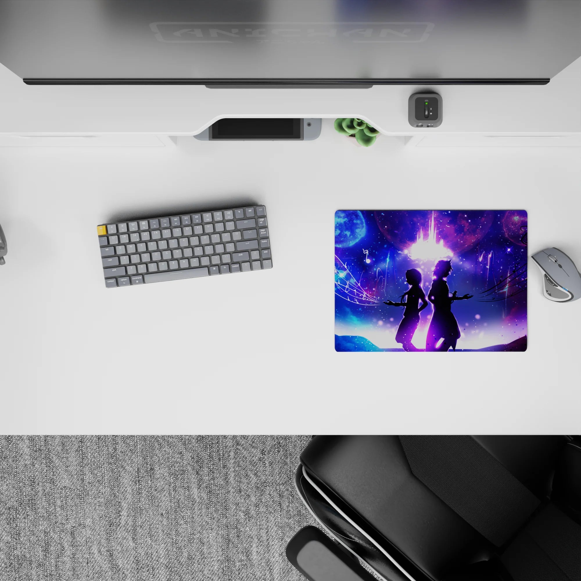 Dreamy neon blue and magenta galaxy anime mouse pad 14x10 inches with glowing notes and romantic vibe.
