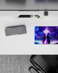 Dreamy neon blue and magenta galaxy anime mouse pad 14x10 inches with glowing notes and romantic vibe.