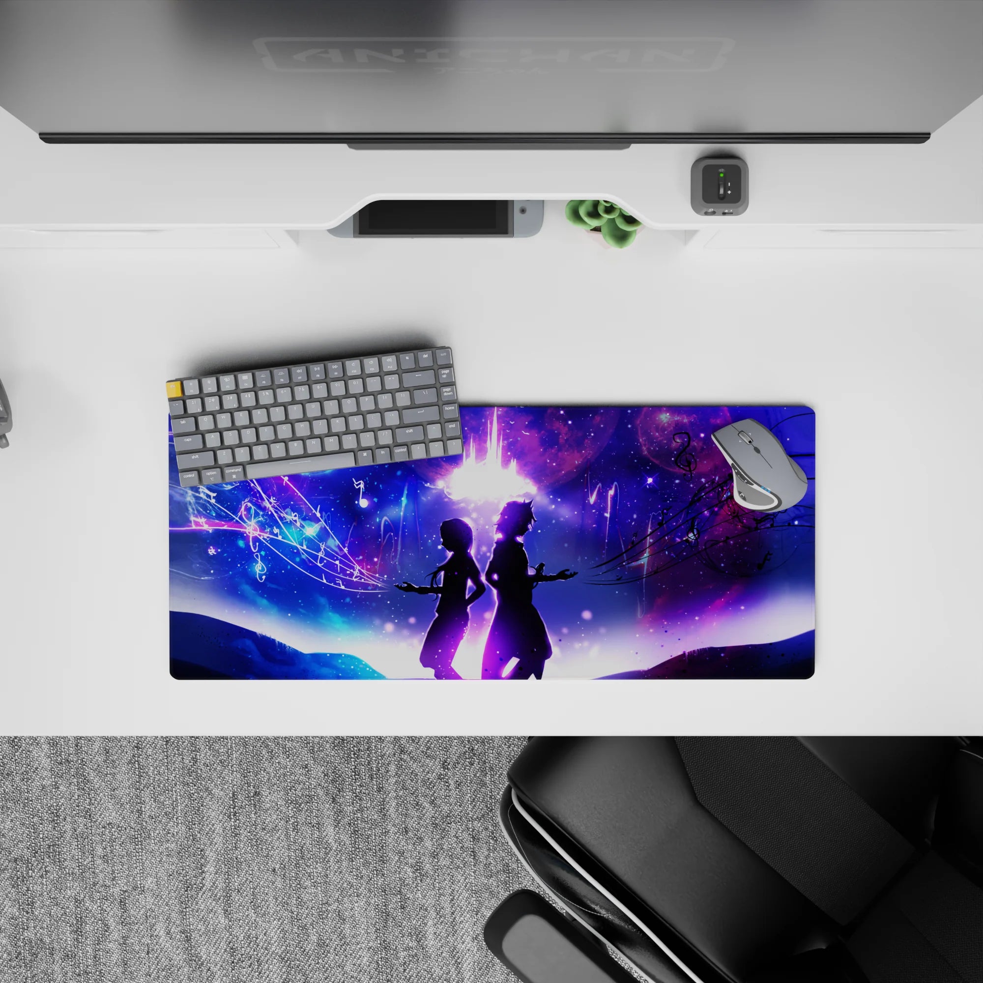 28x12 inches anime mouse pad in neon blues and magenta clouds, dreamy romantic cosmic vibe.
