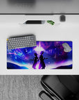 28x12 inches anime mouse pad in neon blues and magenta clouds, dreamy romantic cosmic vibe.