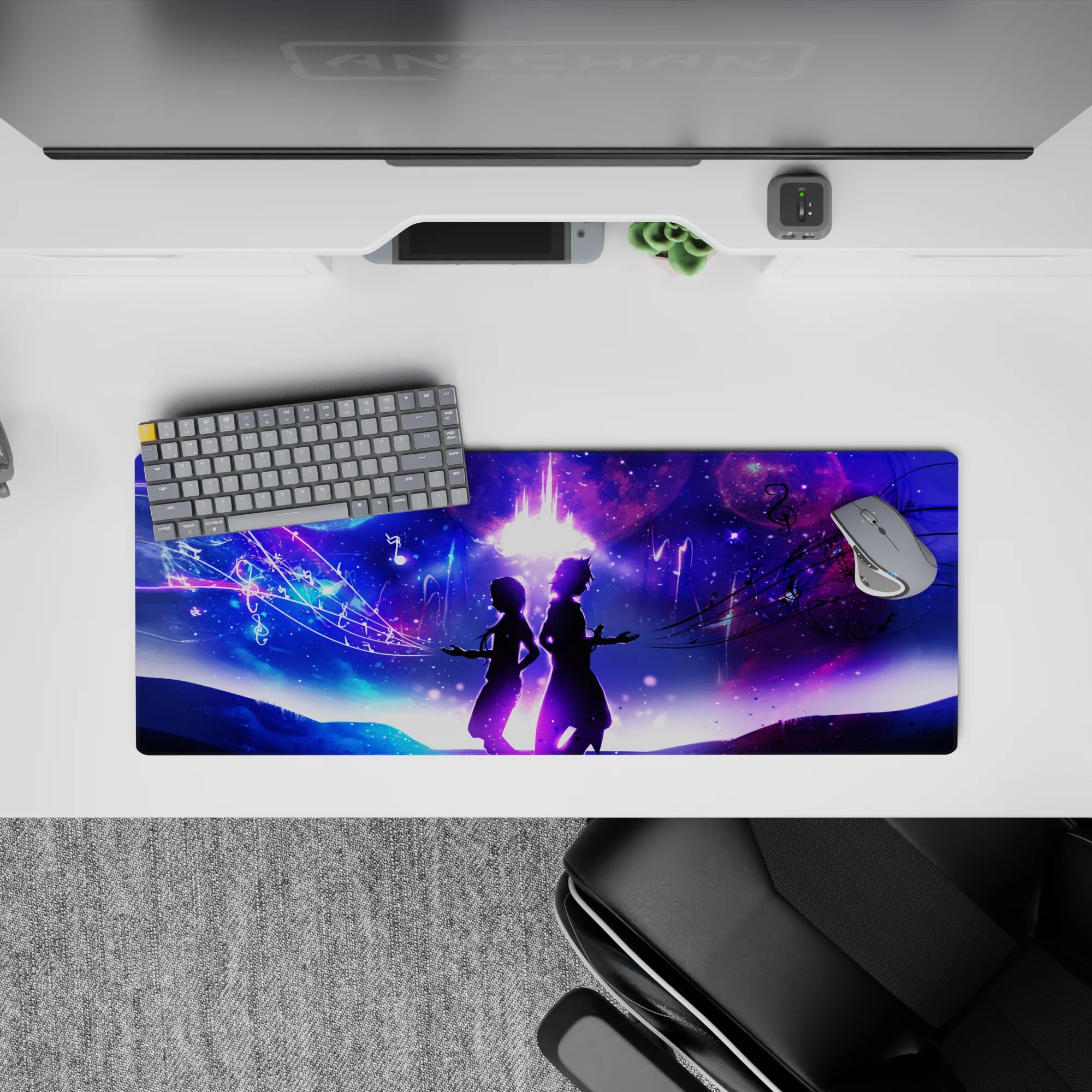 32x12 inches anime mouse pad in neon blues and magenta clouds, dreamy romantic cosmic vibe with starry depth.