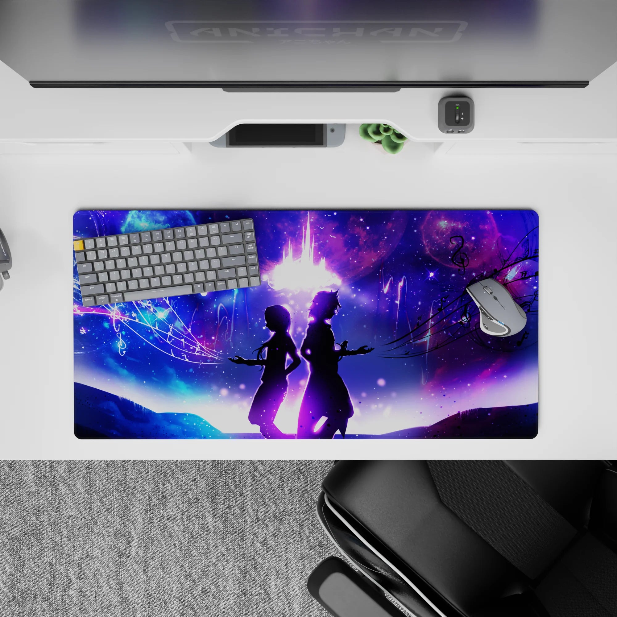 32x16 inches anime mouse pad in neon blues and magenta clouds, dreamy romantic cosmic vibe.