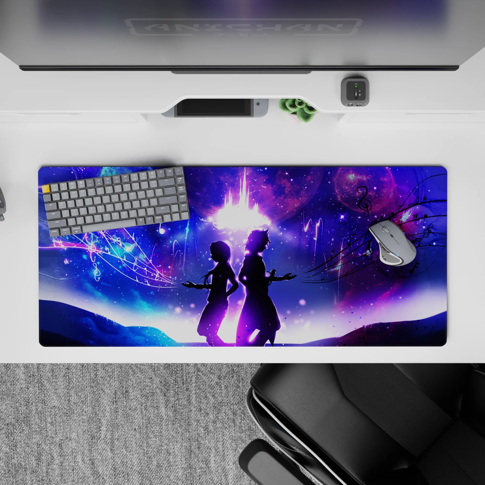 36x16 inches anime mouse pad in neon blue and magenta, dreamy romantic cosmic vibe with glowing notes.