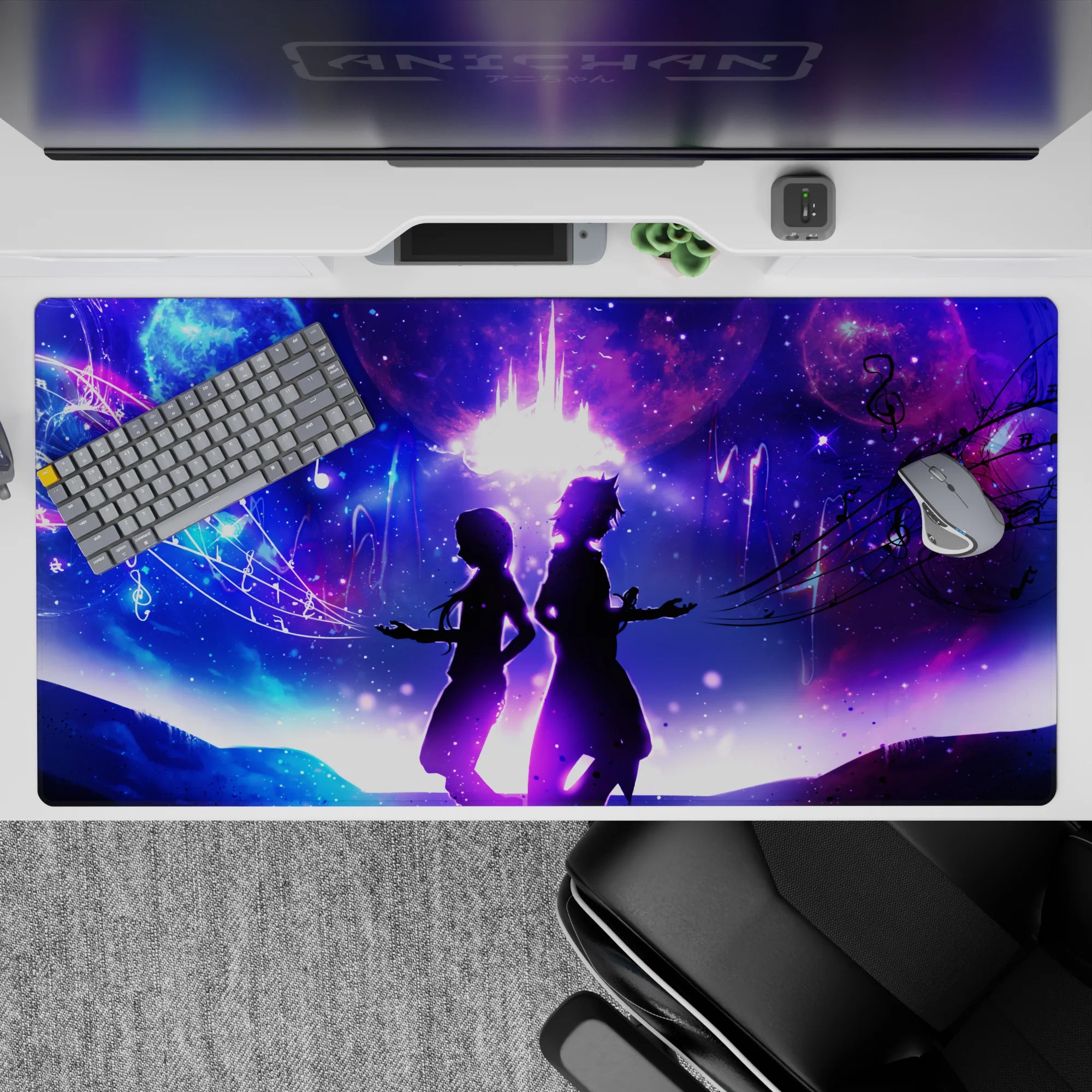 Neon blue and magenta anime desk pad 40x20 inches, dreamy violet cosmos with glowing notes and clouds.