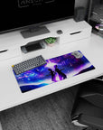28x12 inches anime mouse pad showing two anime figures, dress and coat, under singing starry sky.
