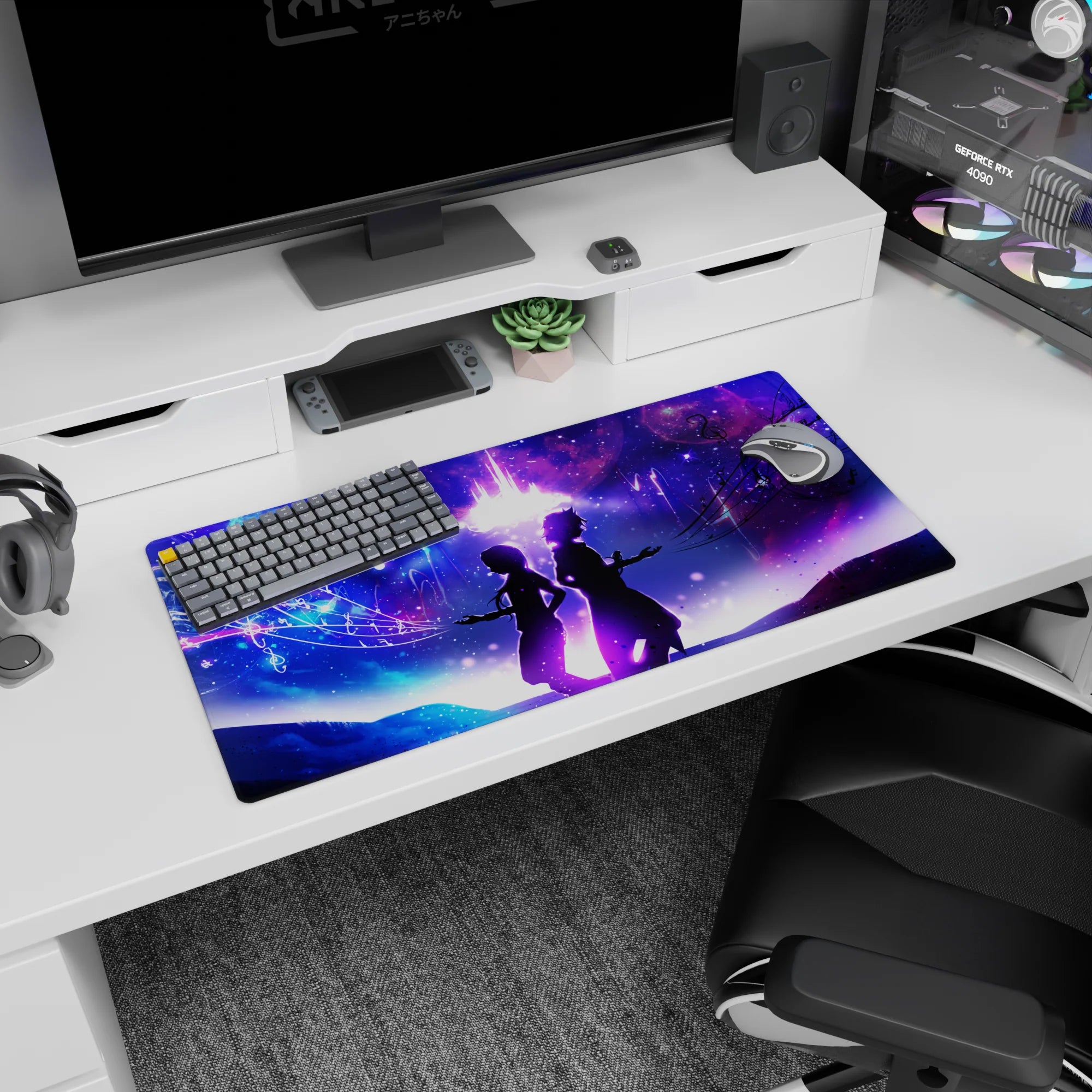 32x16 inches anime mouse pad with two anime figures, dress and coat, beneath a starburst sky.
