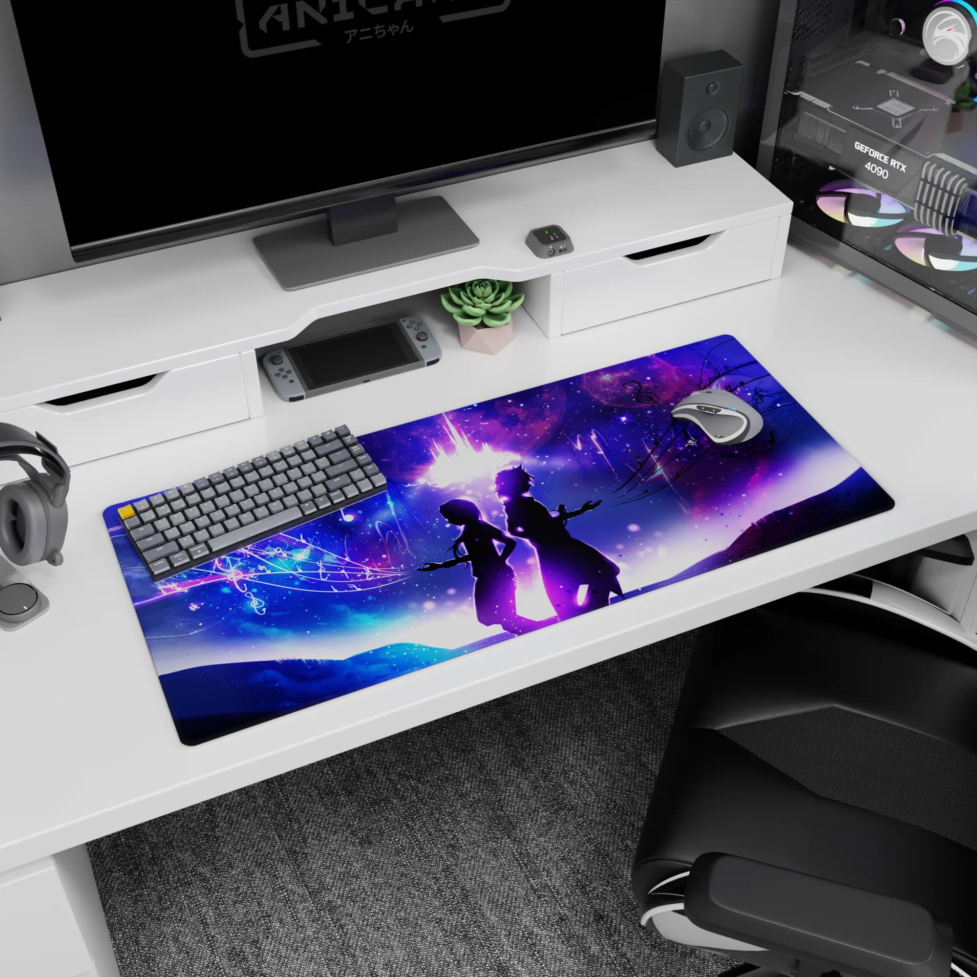 36x16 inches anime desk mat showing a dress and coat duo, hands open, amid starry swirls and notes.