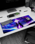 36x16 inches anime desk mat showing a dress and coat duo, hands open, amid starry swirls and notes.