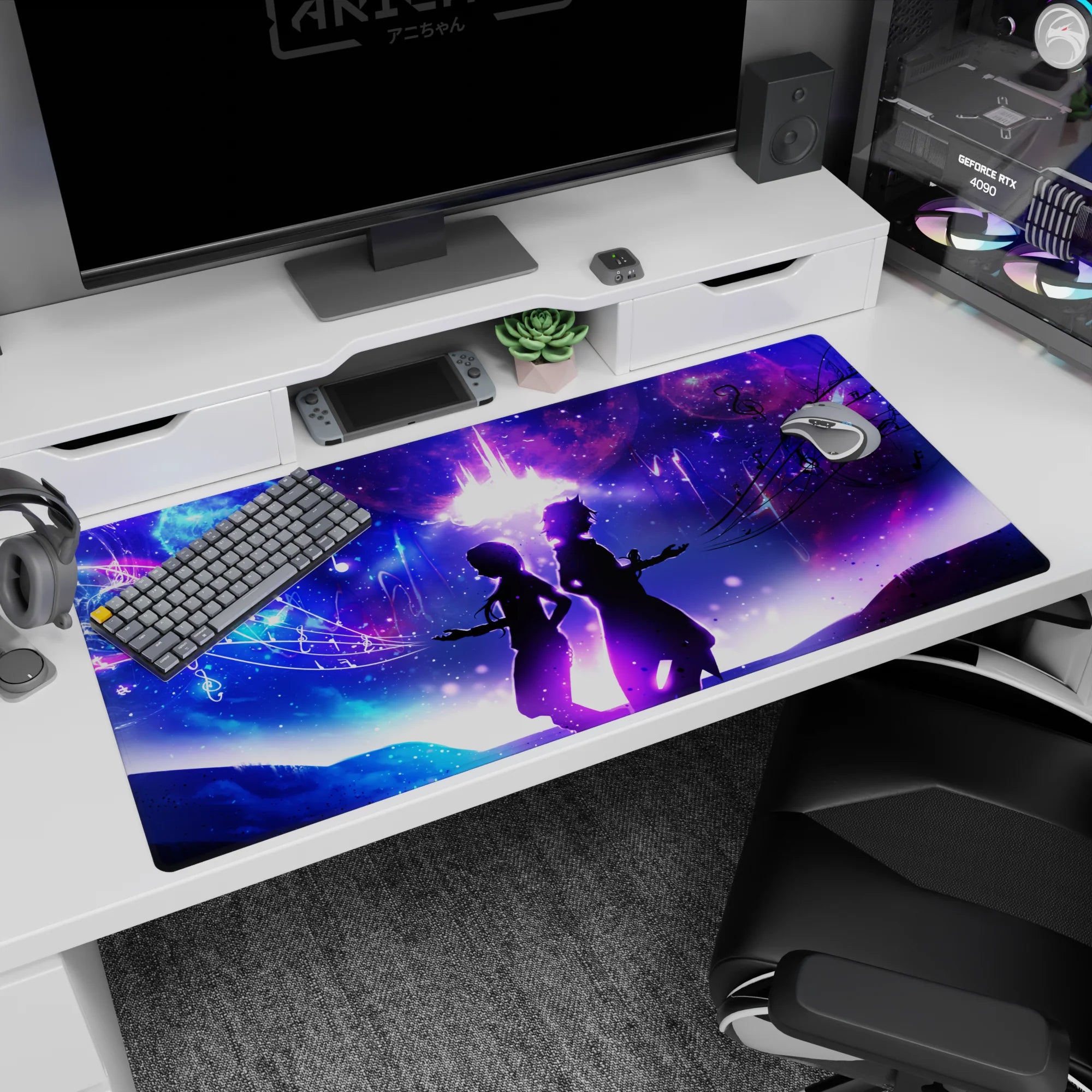 Anime duo scene desk pad 40x20 inches: flowing dress and sharp coat silhouettes back to back, hands open.