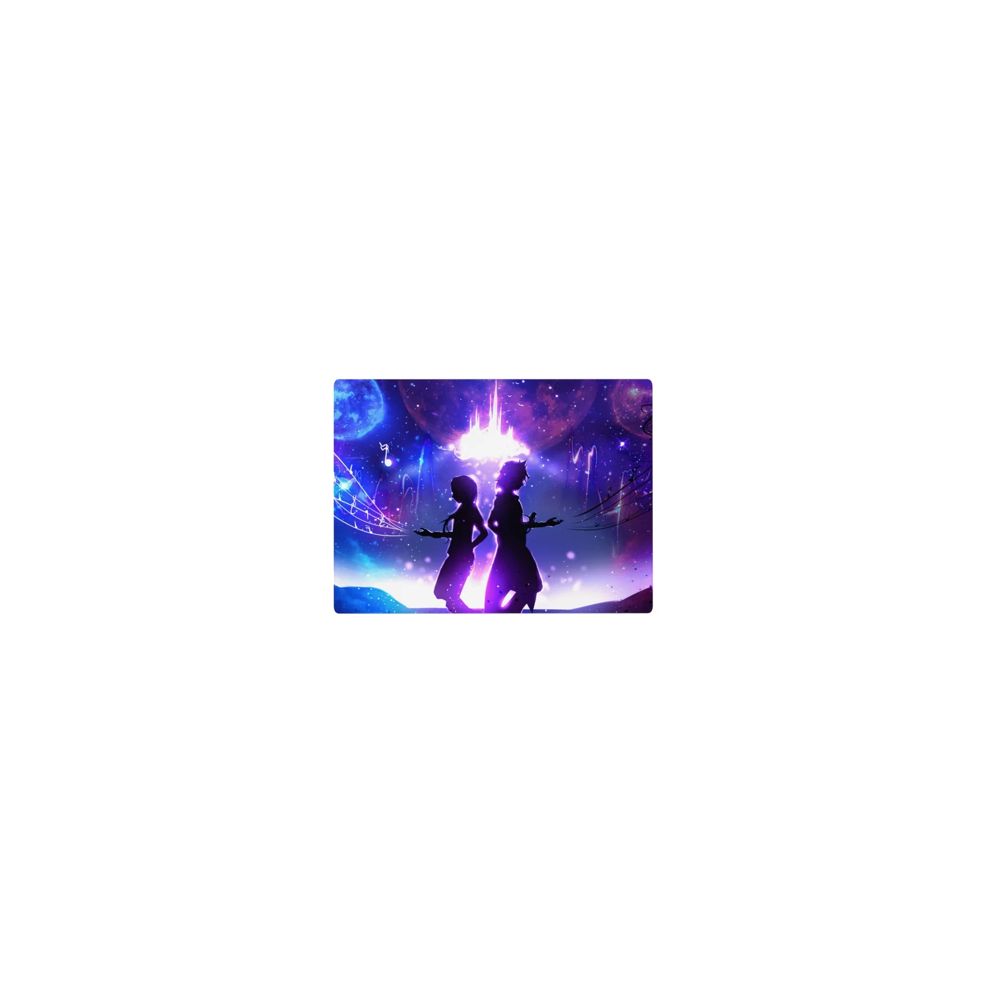 Classic anime mouse pad 14x10 inches with back-to-back silhouettes under a violet galaxy and music notes.