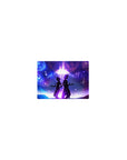 Classic anime mouse pad 14x10 inches with back-to-back silhouettes under a violet galaxy and music notes.