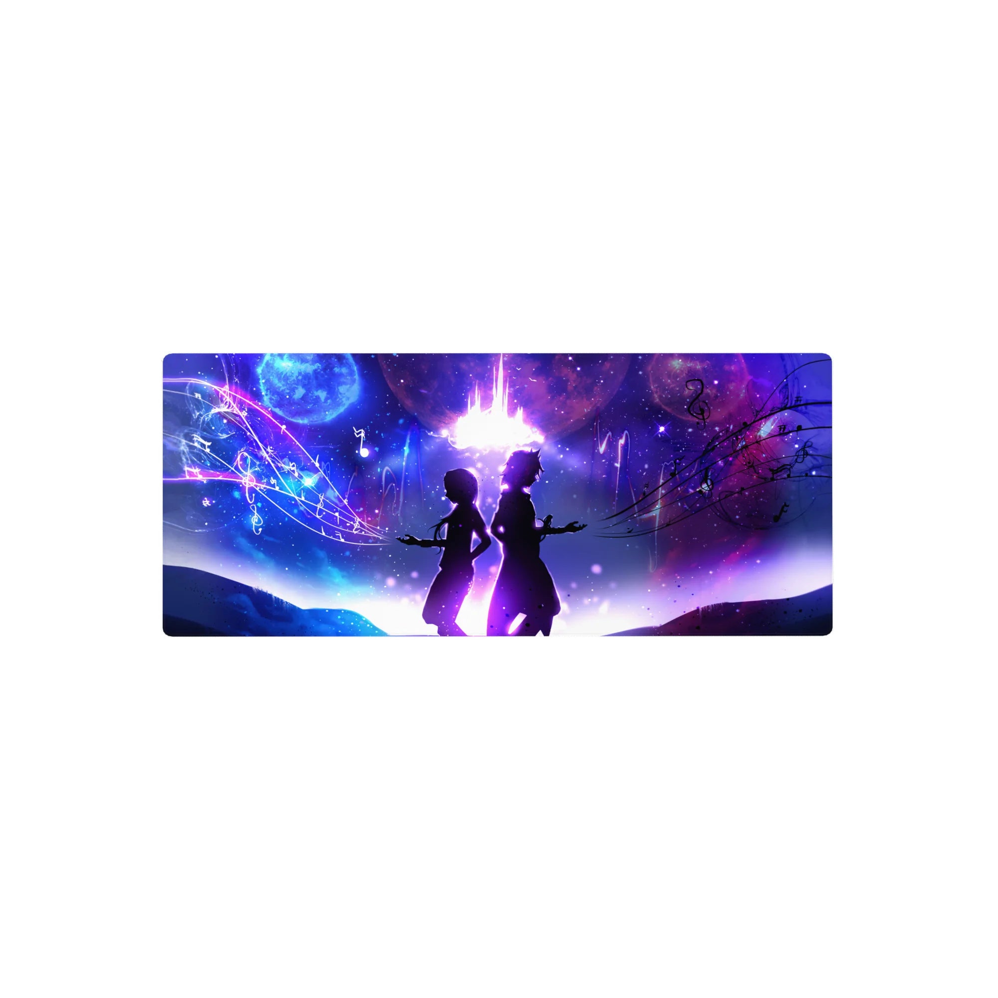 28x12 inches anime mouse pad with back-to-back silhouettes under a violet galaxy and glowing music notes.
