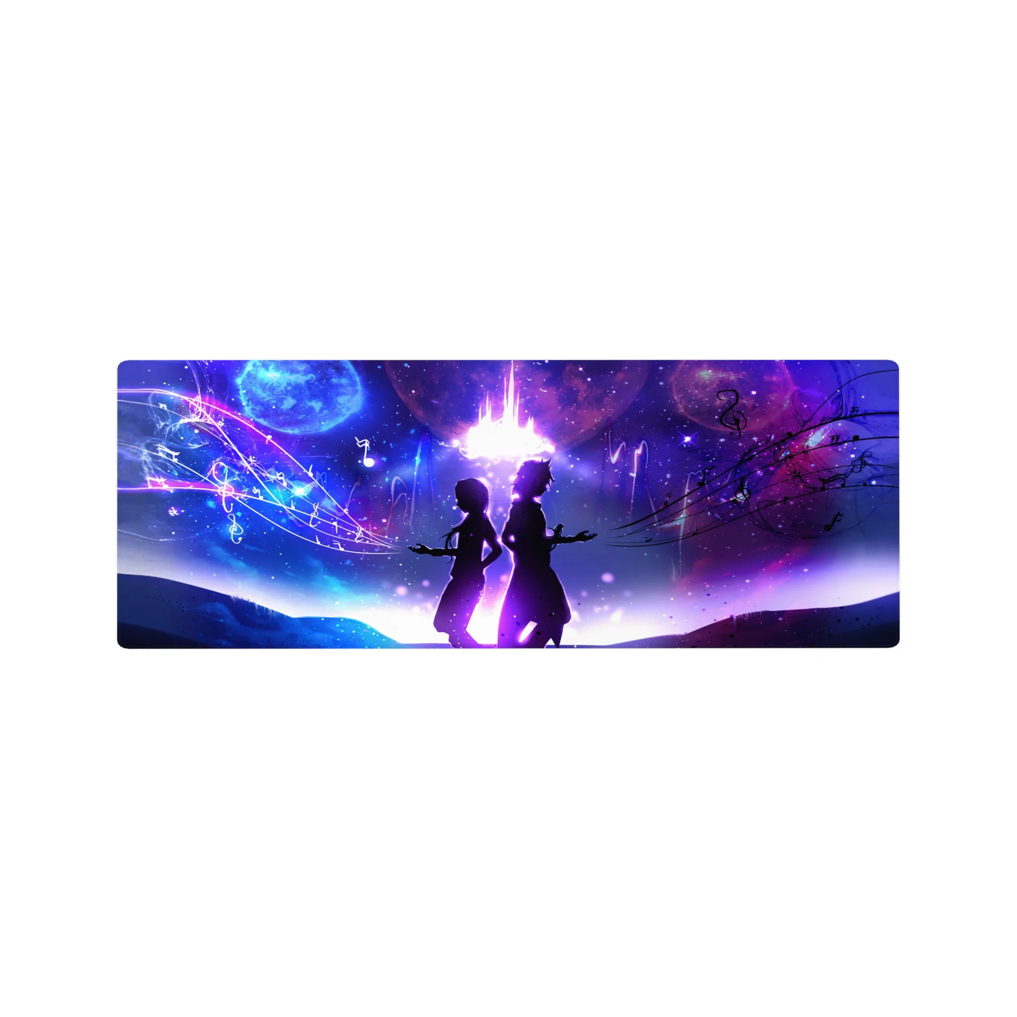 32x12 inches anime mouse pad with back-to-back silhouettes under a violet galaxy and glowing music notes.