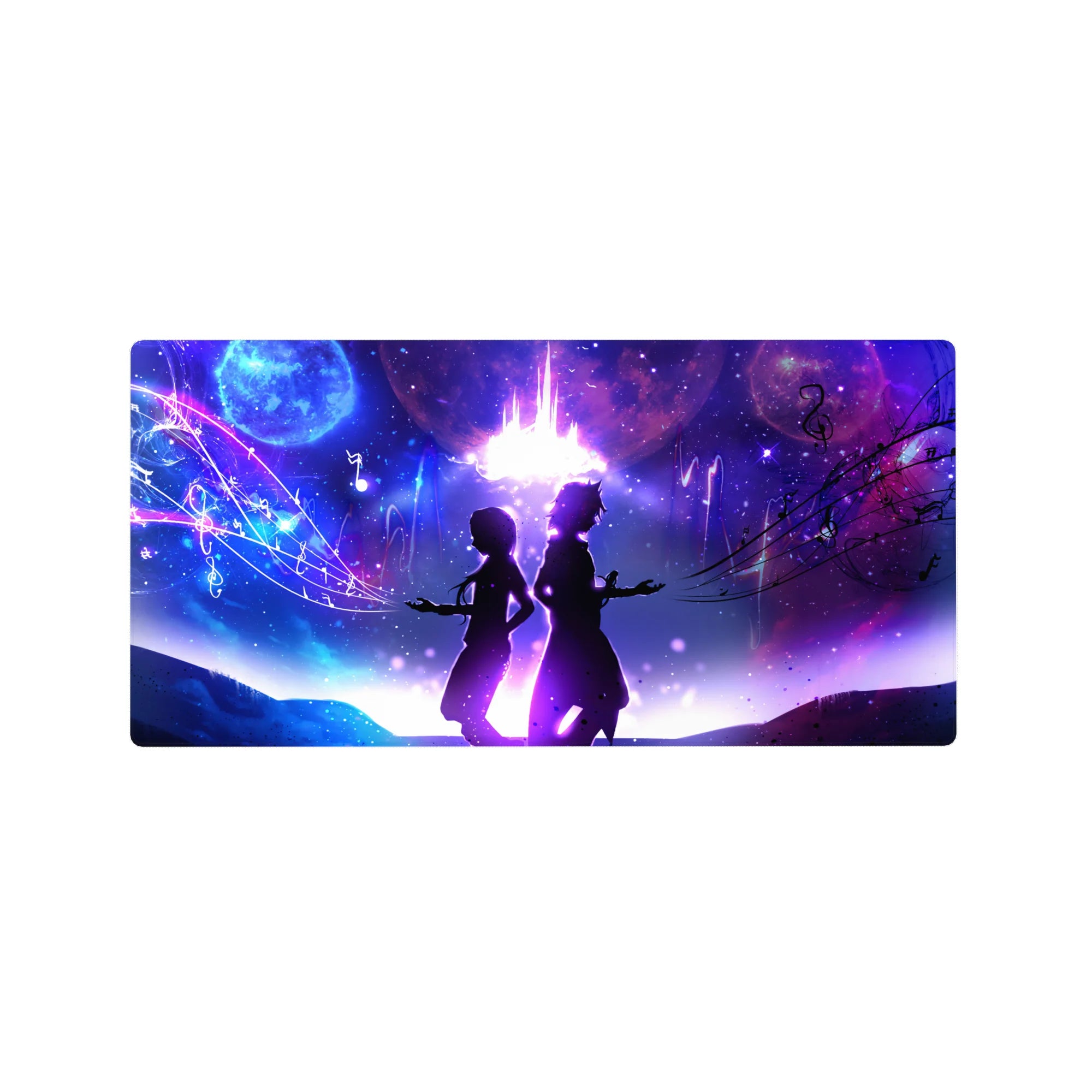 32x16 inches anime mouse pad with back-to-back silhouettes under a violet galaxy and glowing music notes.