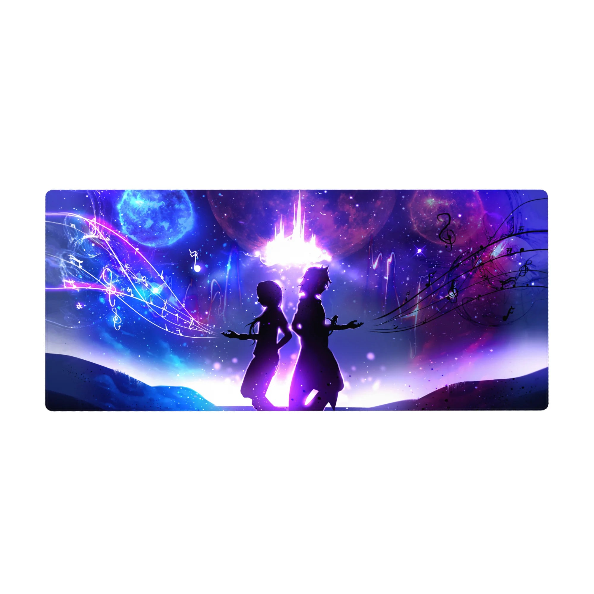 36x16 inches anime desk pad with two silhouettes back to back under a violet galaxy and music notes.