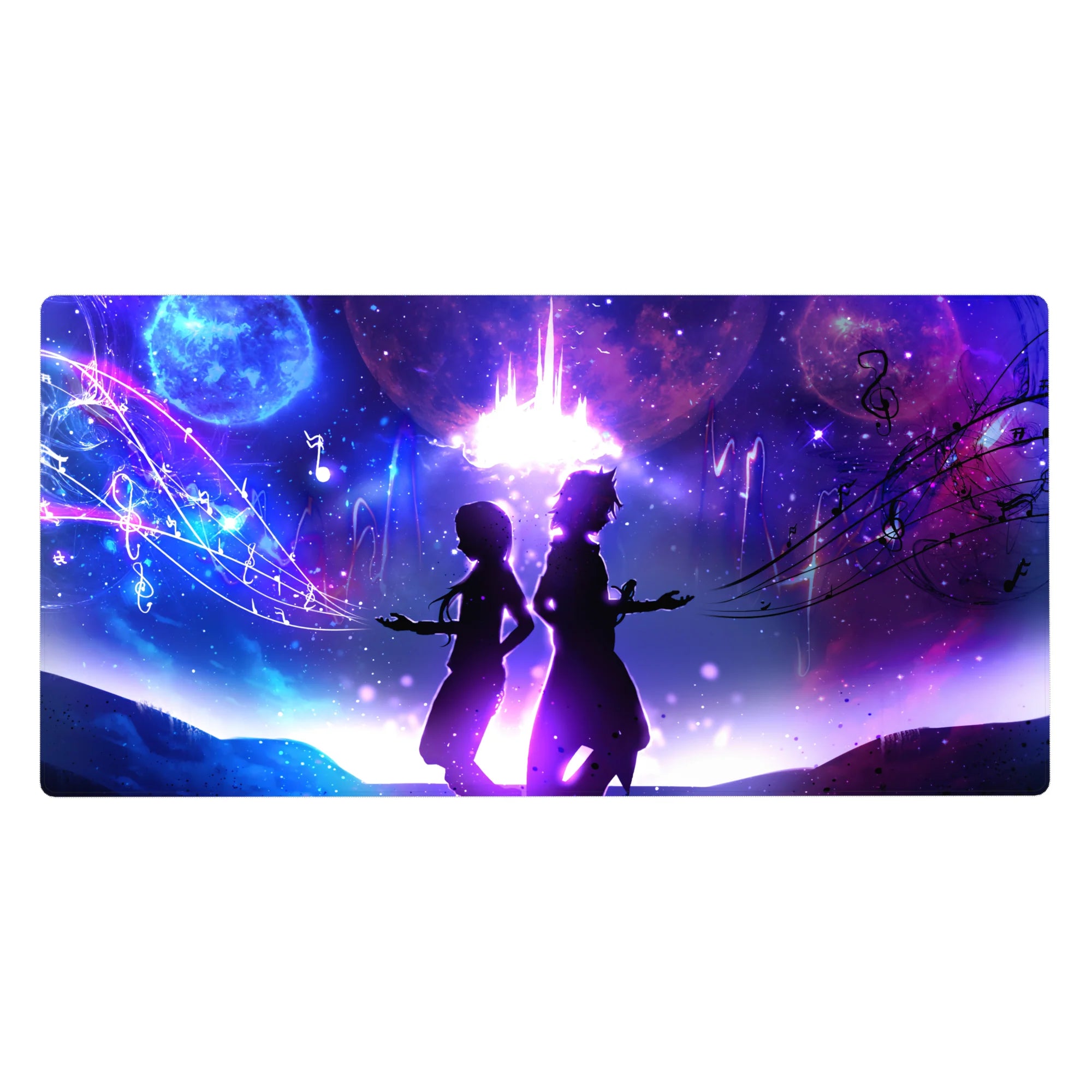 Anime desk pad 40x20 inches with two silhouettes back to back under a galaxy burst and music notes.