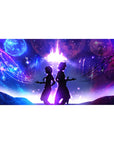 Anime desk pad 40x20 inches with two silhouettes back to back under a galaxy burst and music notes.