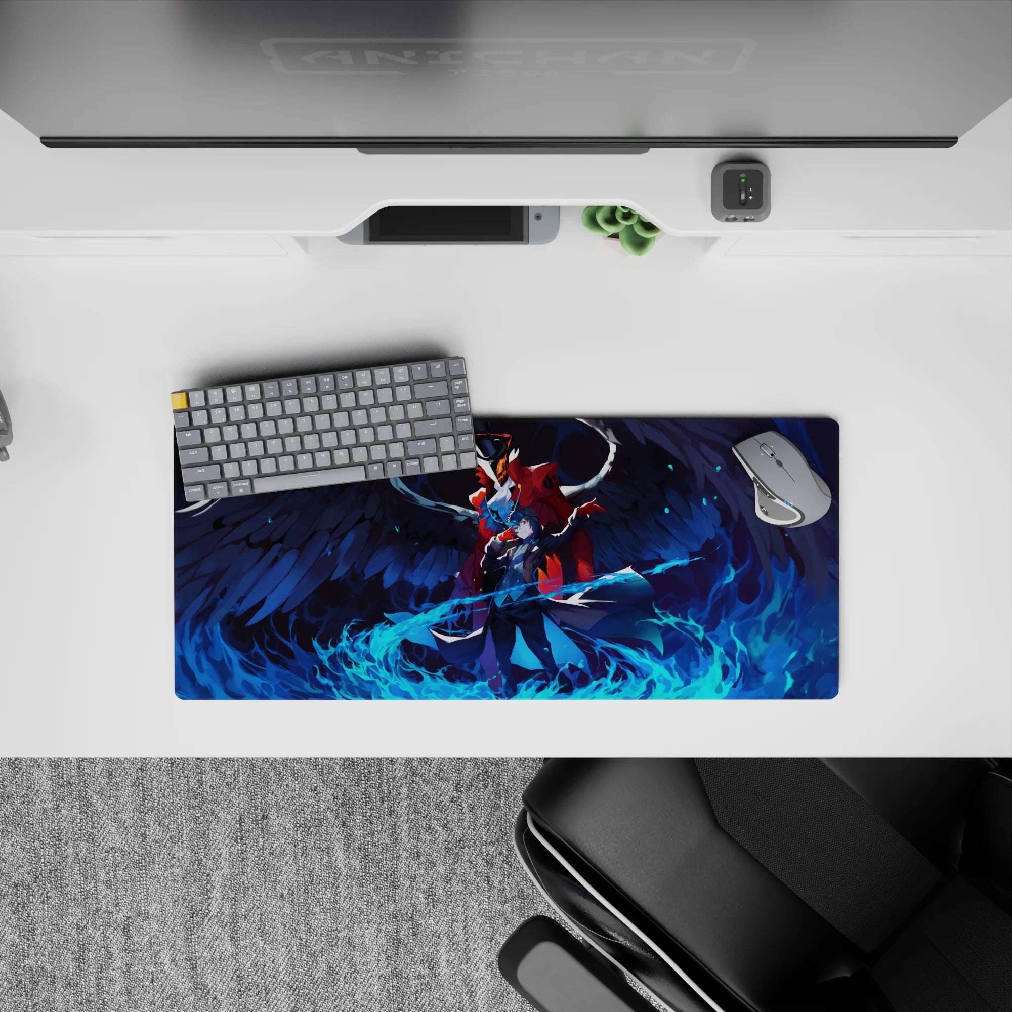 Mouse pad featuring Joker and Arsène from Persona 5 with blue flames, 28x12 inches, vivid colors, dynamic scene.
