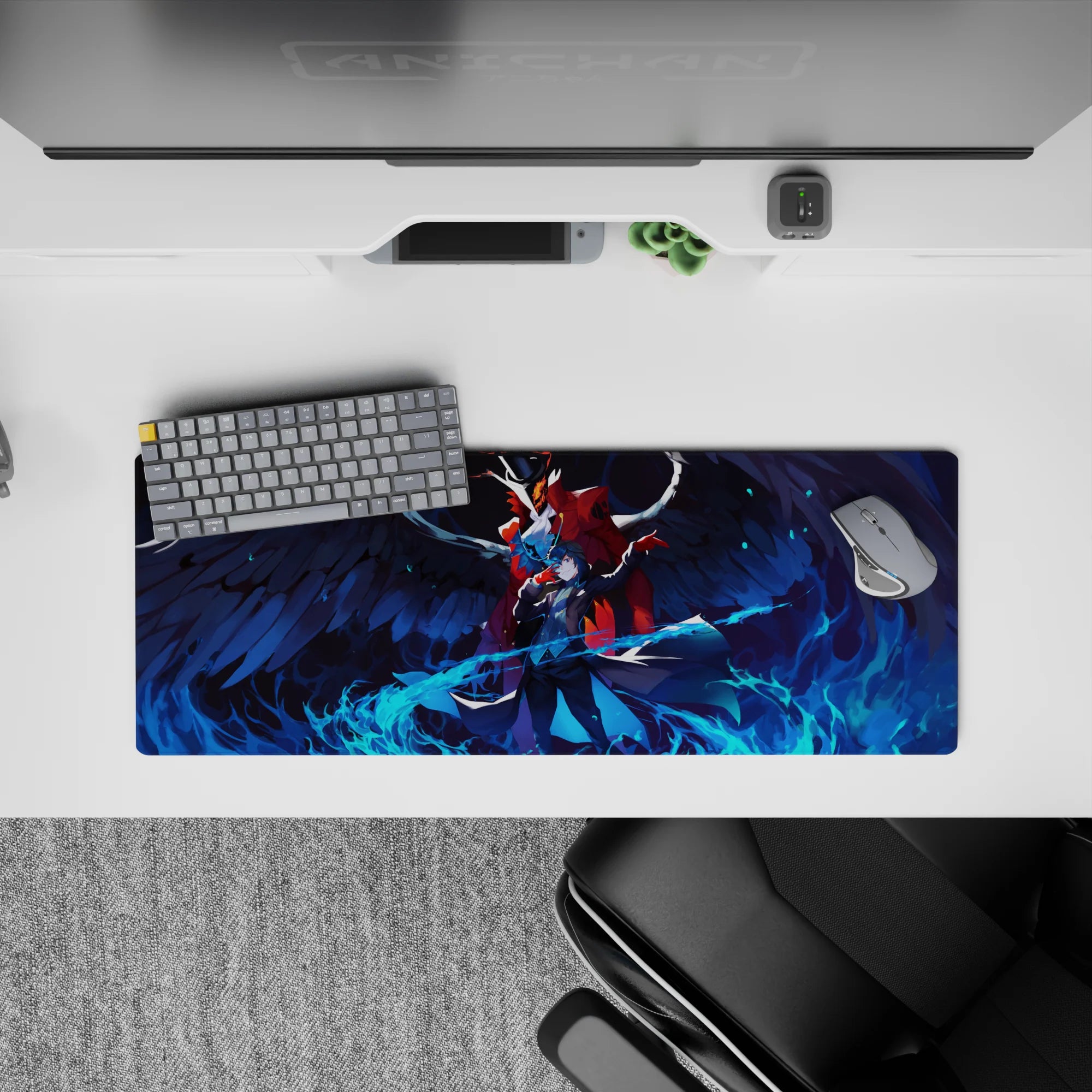Joker and Arsène from Persona 5 on a 32x12 inch mouse pad with blue flames and vibrant colors, perfect for anime fans.