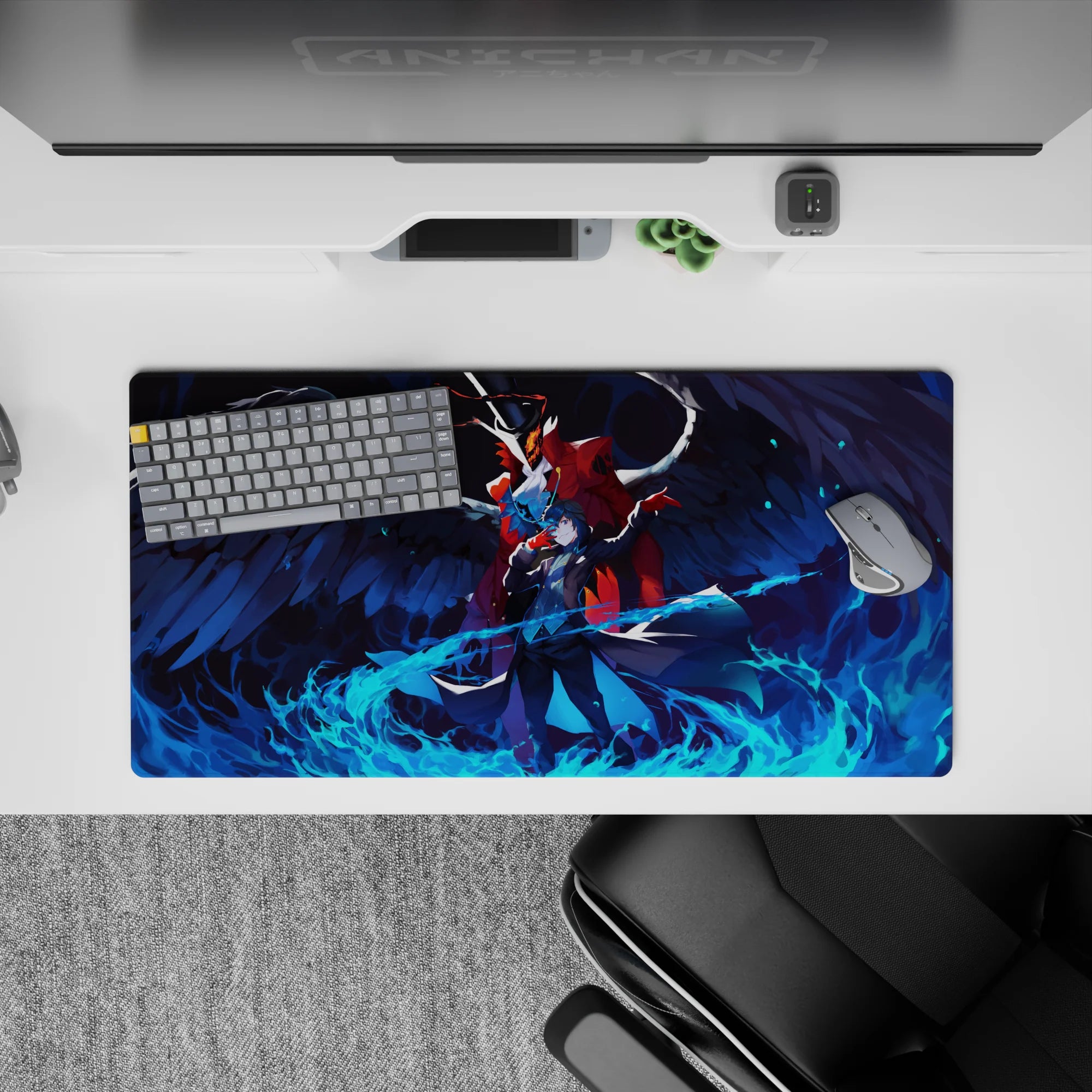 Mouse pad featuring Joker and Arsène from Persona 5, size 32x16 inches. Blue flames and vivid colors create a dynamic scene.