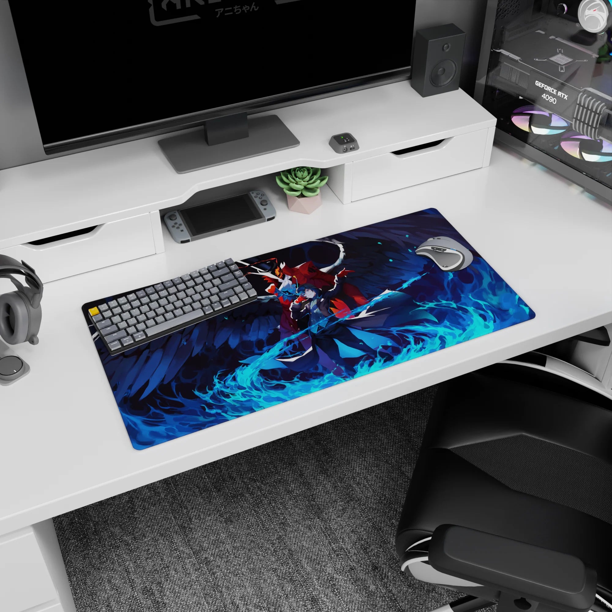 Mouse pad featuring Joker and Arsène from Persona 5, blue flames and vivid colors, size 32x16 inches.