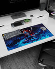 Mouse pad featuring Joker and Arsène from Persona 5, blue flames and vivid colors, size 32x16 inches.