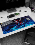 Blue flames surround Joker and Arsène from Persona 5 on a 36x16 inch anime mouse pad, vibrant with violets and reds.