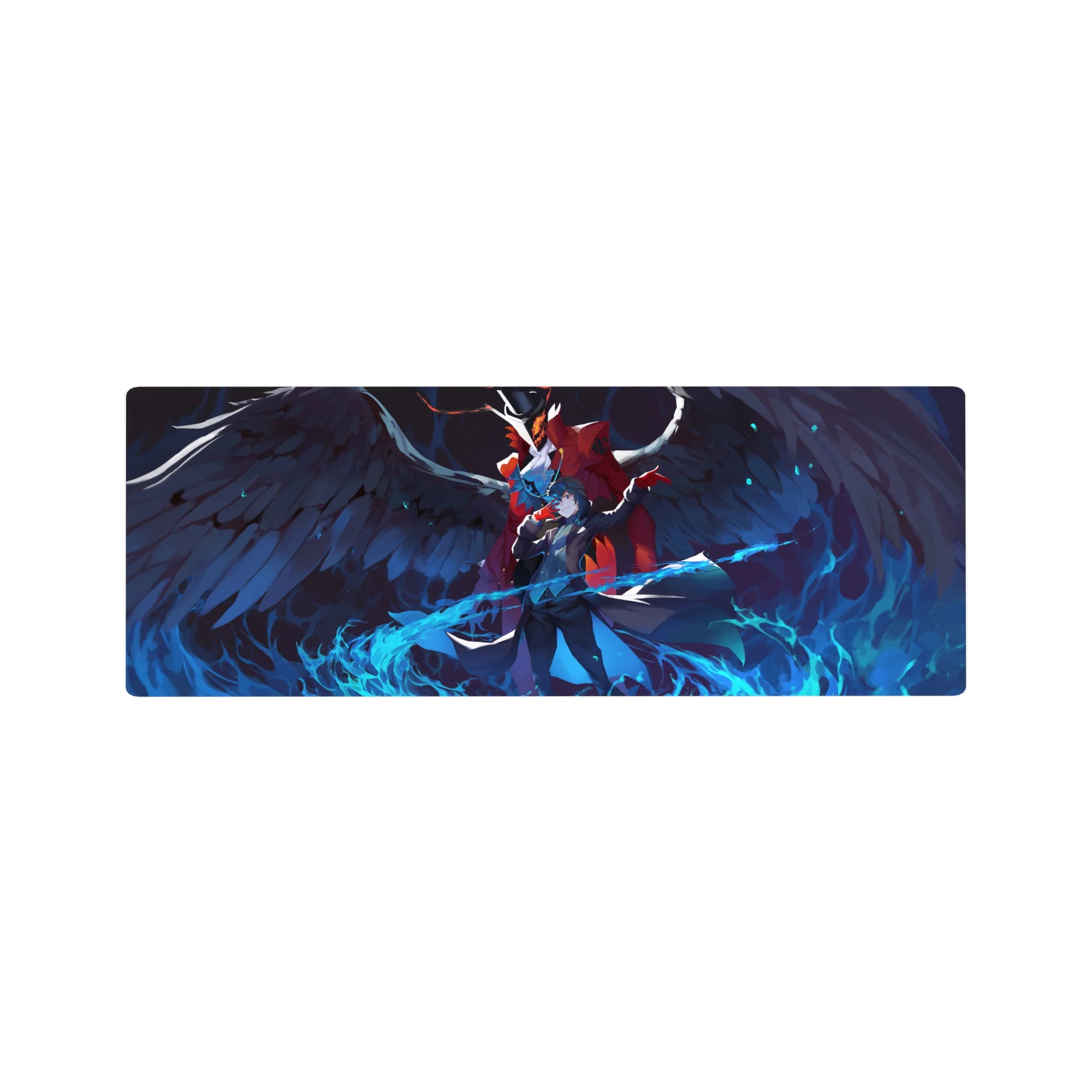 Persona 5 anime mouse pad featuring Joker and Arsène with blue flames, size 32x12 inches, vibrant colors and dynamic design.