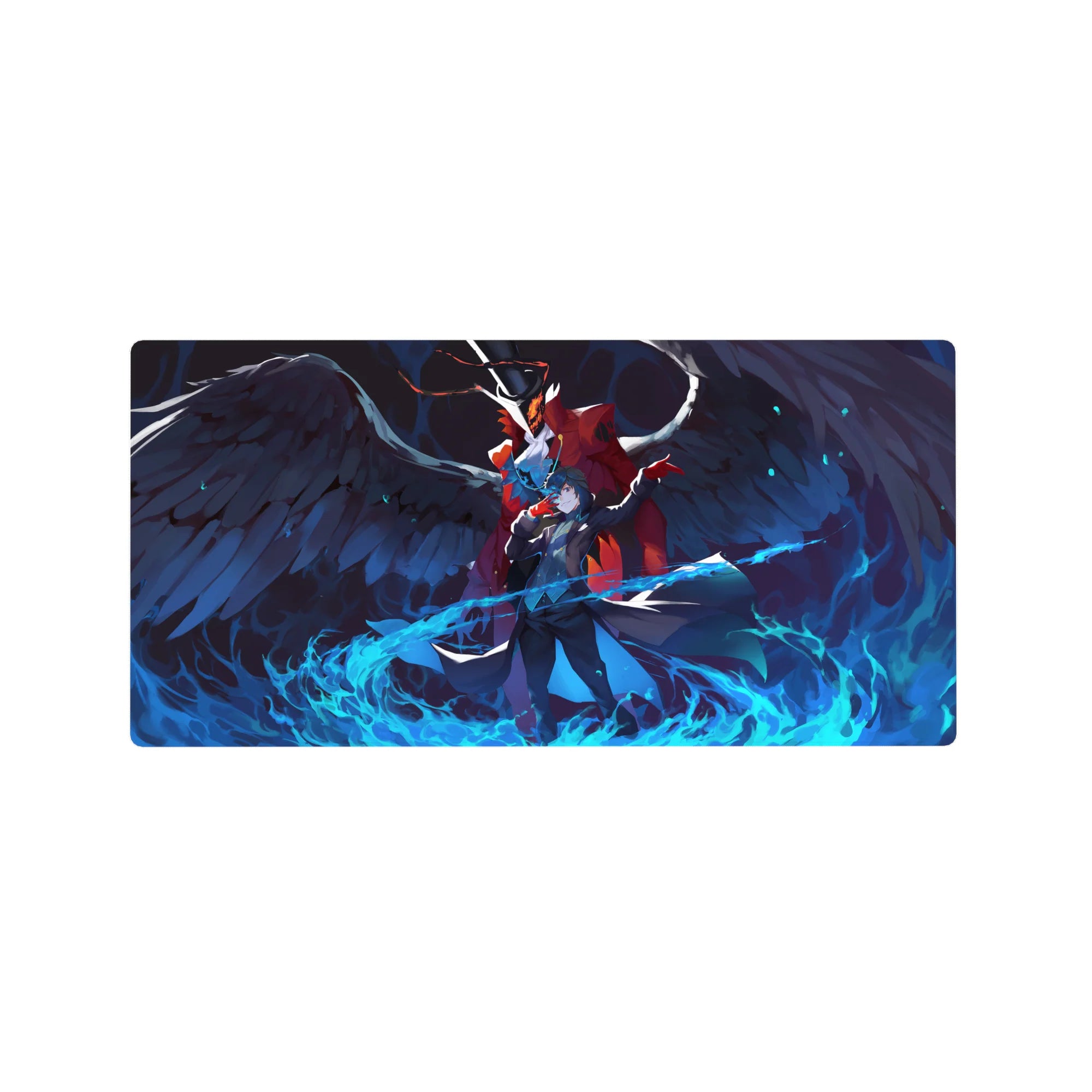 Anime mouse pad 32x16 inches featuring Joker and Arsène from Persona 5, with blue flames and vivid colors.