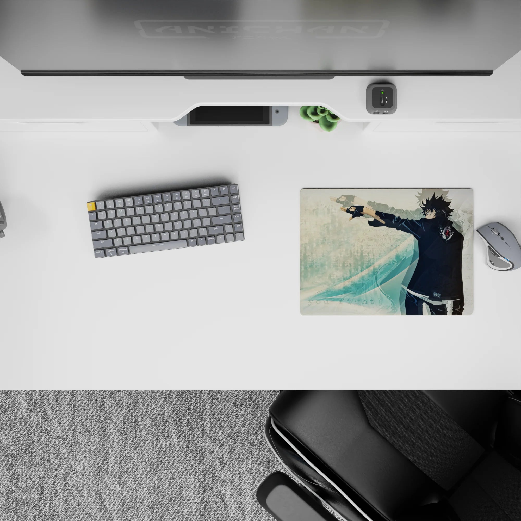Teal-and-black anime mouse pad 14x10 inches with calm journal-like textures and clean open mousing space.