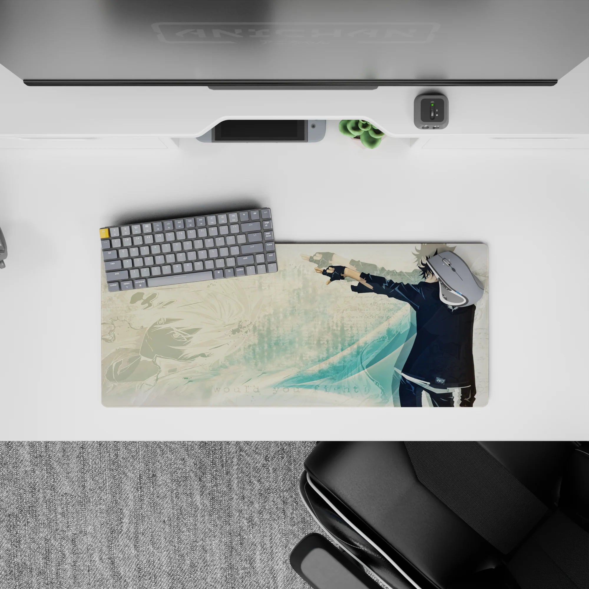 28x12 inches anime mouse pad in cool teal tones with calm, minimalist mood and subtle sketchy background.