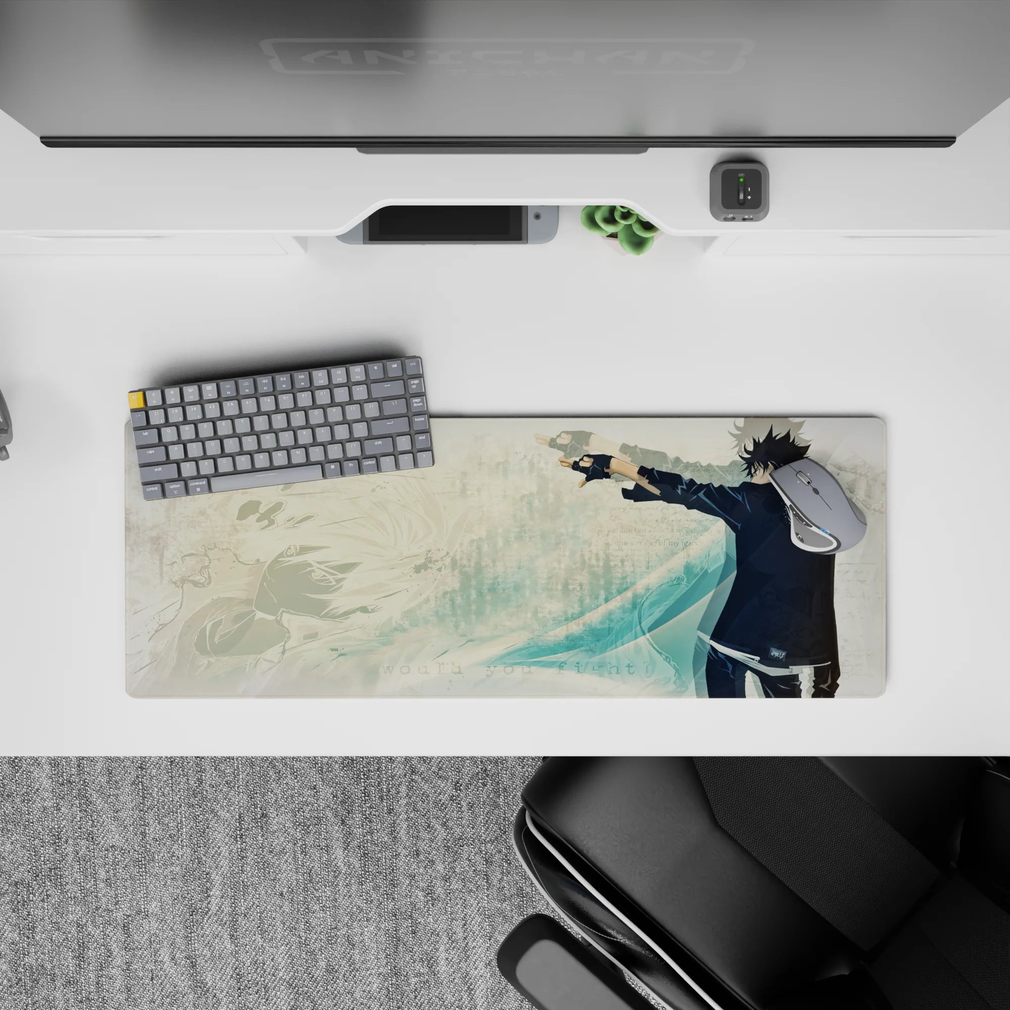 32x12 inches anime mouse pad in cool teal tones with calm, clean layout, faded notes, and a red sleeve pop.