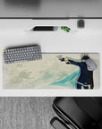 32x12 inches anime mouse pad in cool teal tones with calm, clean layout, faded notes, and a red sleeve pop.