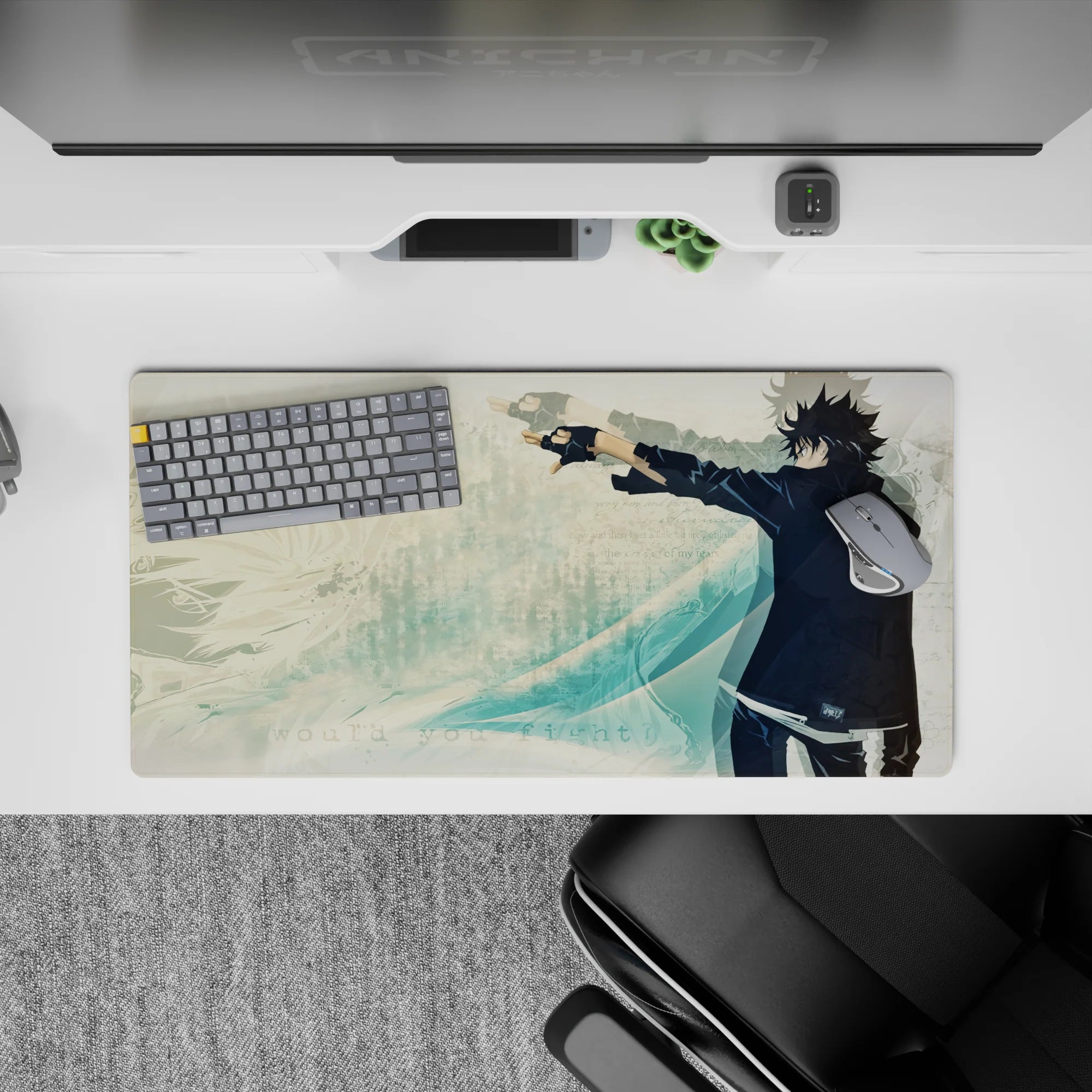 32x16 inches anime mouse pad in cool teal tones, calm confident vibe, soft sketches, and red emblem accent.